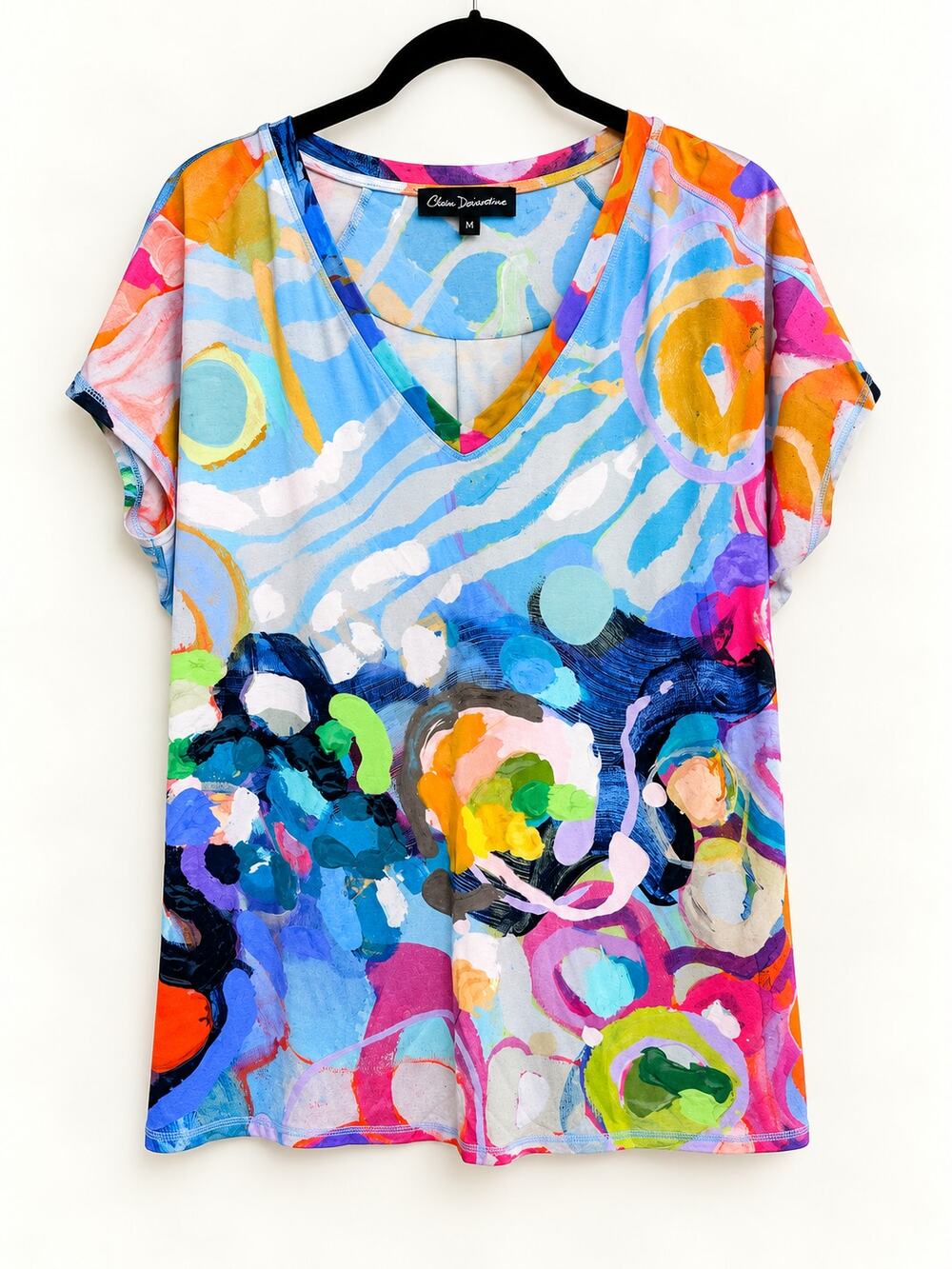 Claire Desjardins Abstract Floral V Neck Short Sleeve Top Medium